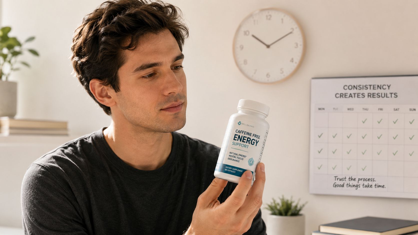 A young man holding a bottle of Well Balance caffeine free energy support supplements in an office.