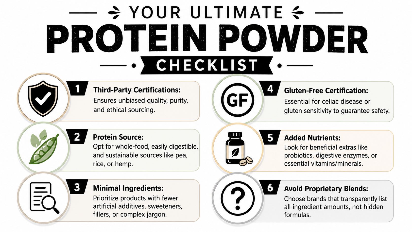 An infographic checklist for selecting the best protein powder, focusing on quality, ingredients, and certifications.