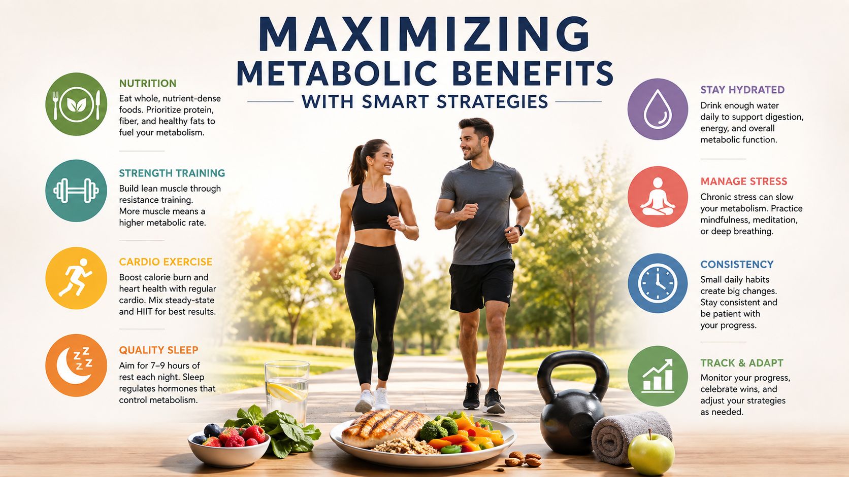 A healthy lifestyle infographic titled Maximizing Metabolic Benefits, highlighting nutrition, fitness, sleep, and wellness habits.
