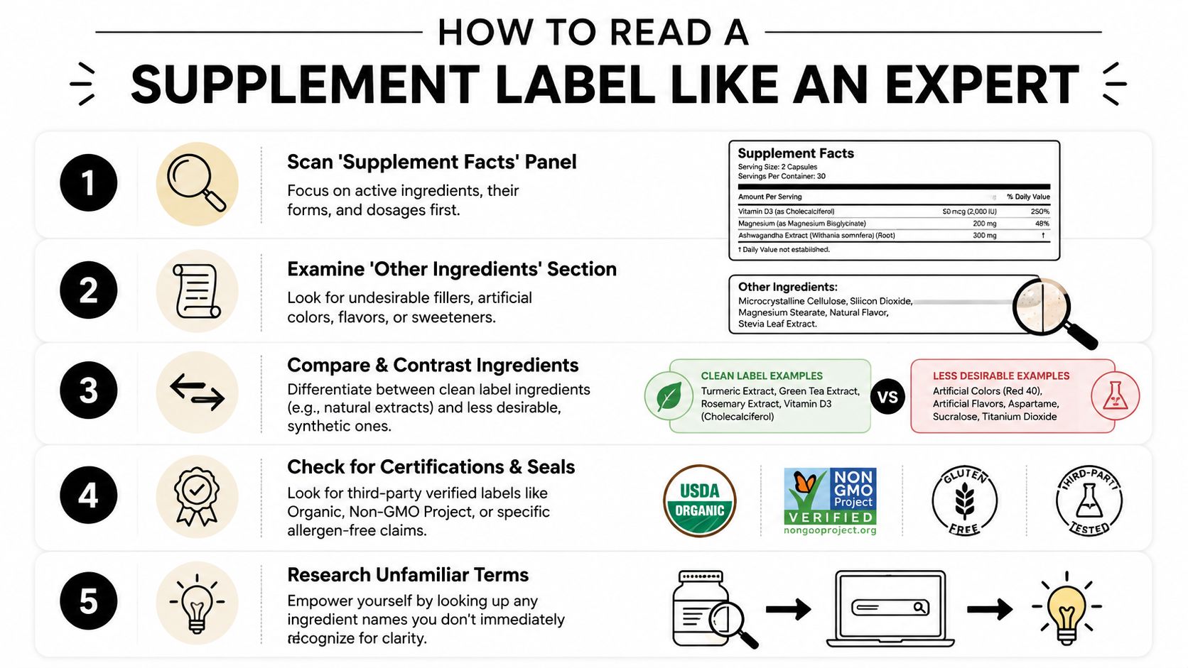 A five-step infographic guide explaining how to read and interpret supplement labels for better health decisions.
