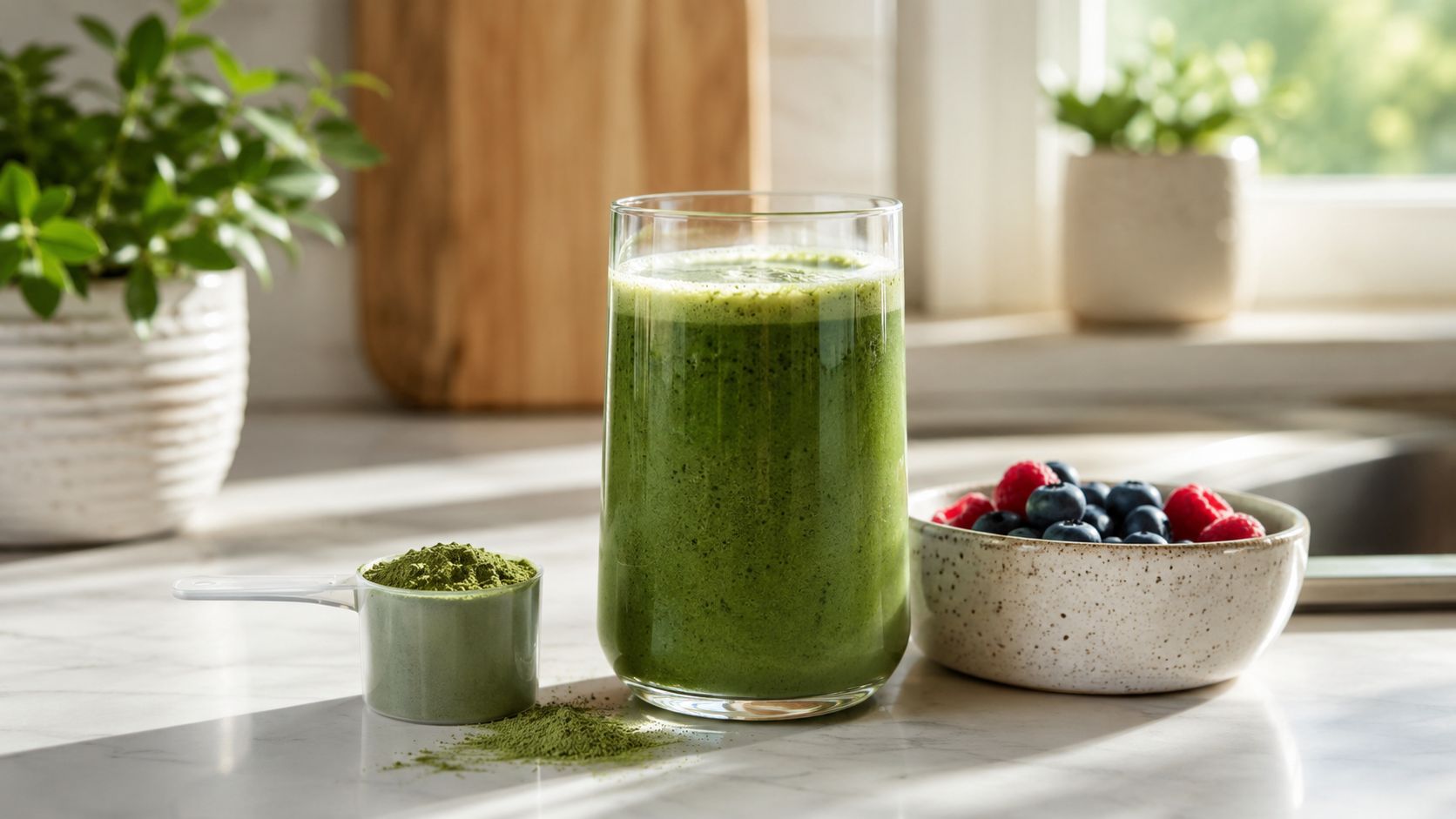 A glass of green smoothie next to a scoop of green powder and a bowl of fresh berries.