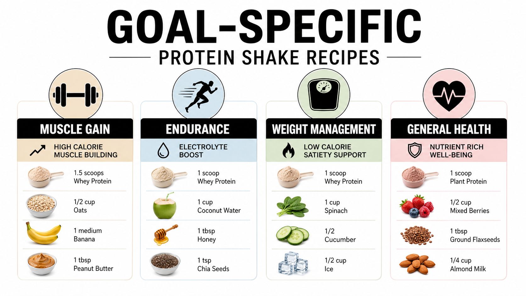 A visual guide displaying protein shake recipes tailored for muscle gain, endurance, weight management, and general health.