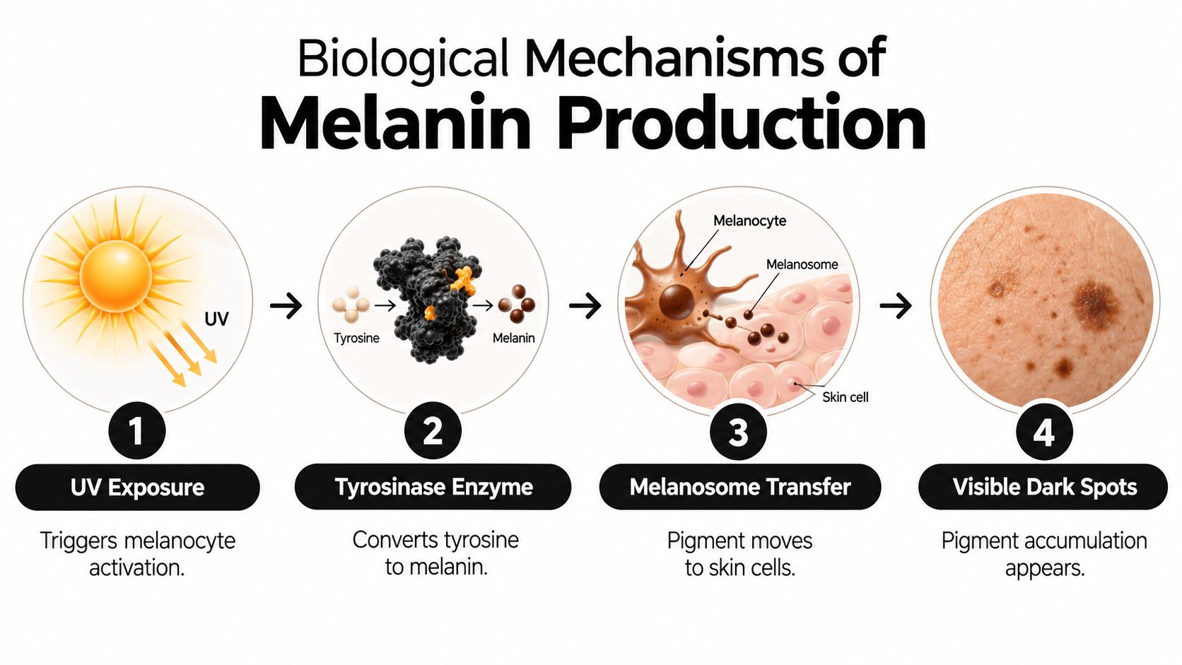 A diagram illustrating the four biological steps of melanin production resulting in visible dark spots on skin.