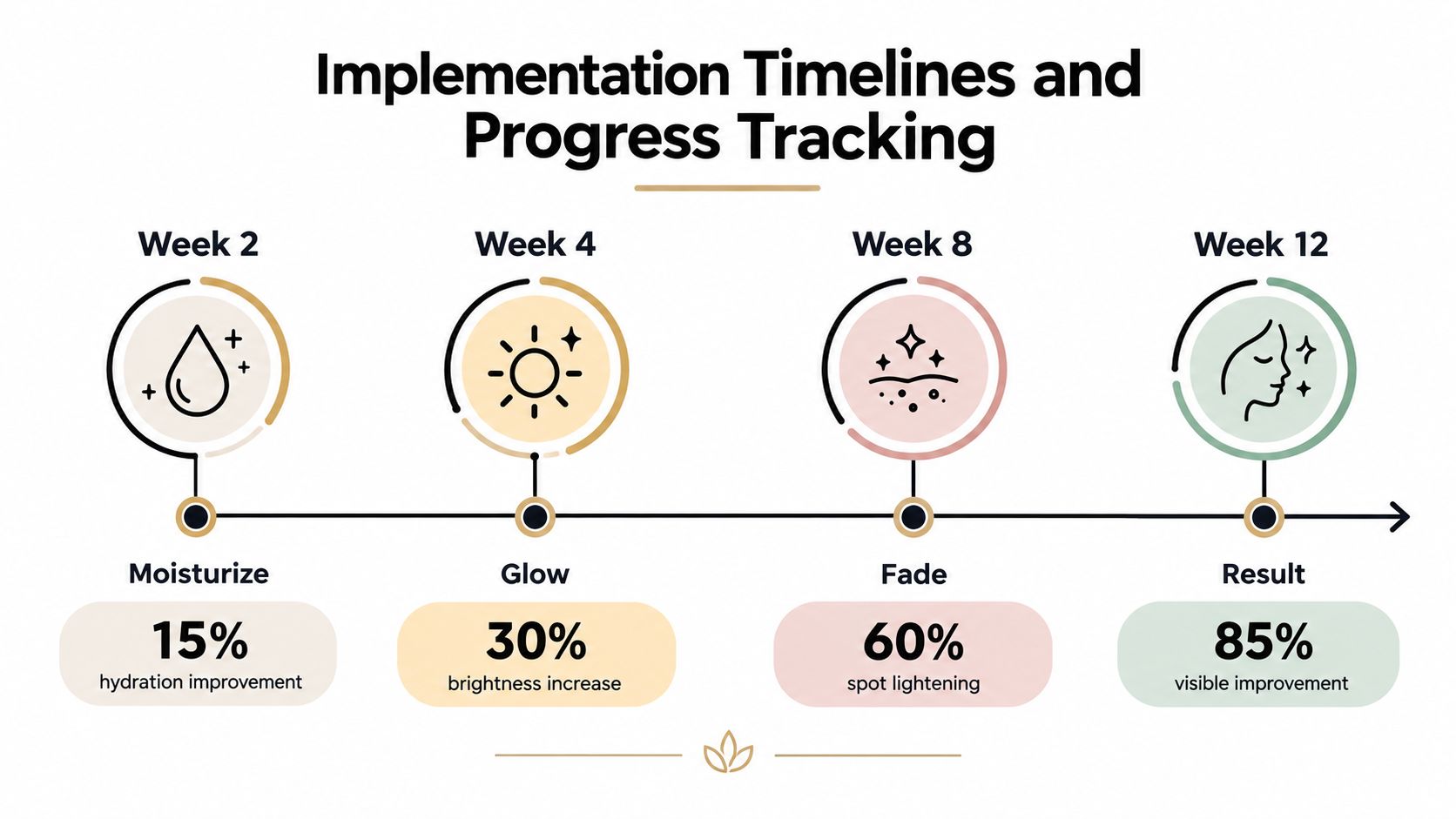 An infographic showing a 12-week timeline for skincare results including hydration, brightness, and spot lightening progress.