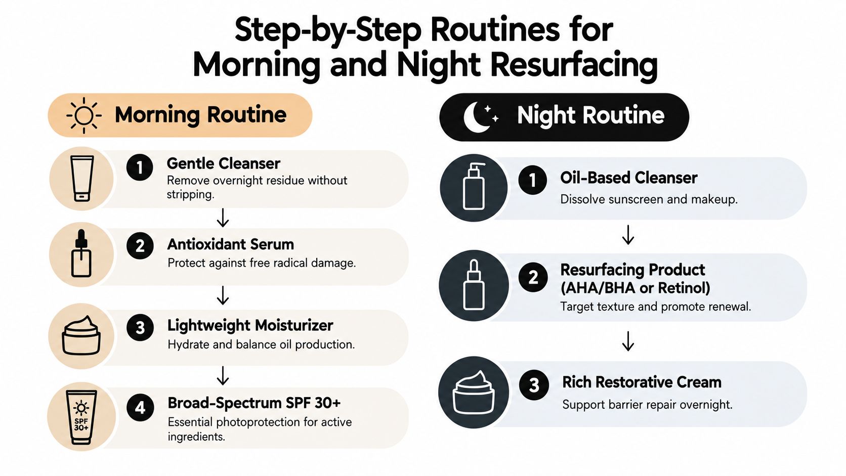 A graphic illustration detailing a daily skincare routine for morning and night, featuring steps for resurfacing.