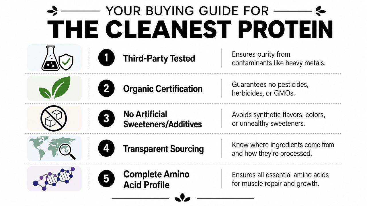 An infographic titled Your Buying Guide for the Cleanest Protein listing five essential criteria for consumers.