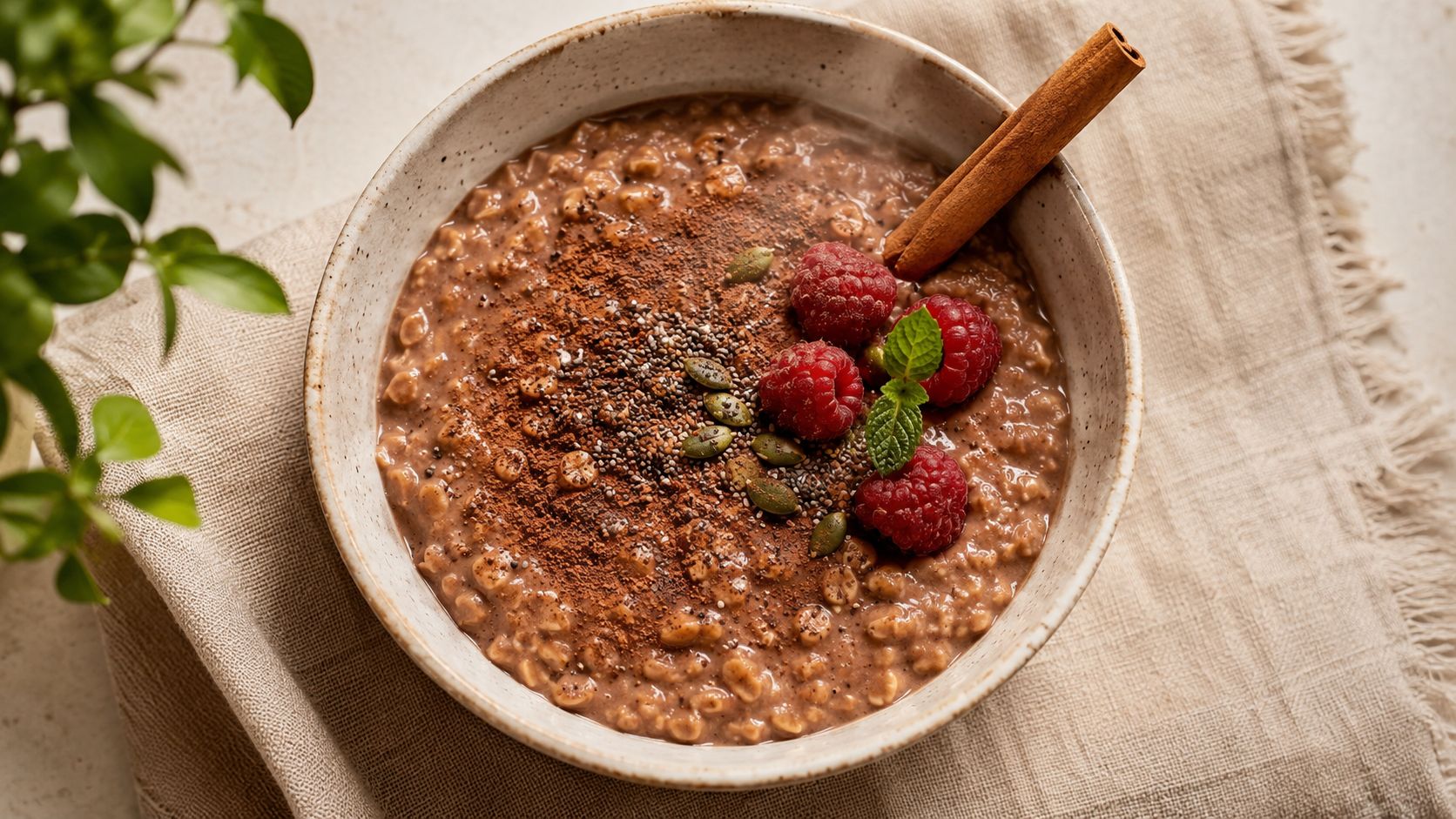 A warm bowl of chocolate oatmeal topped with fresh raspberries, pumpkin seeds, chia seeds, and a cinnamon stick.