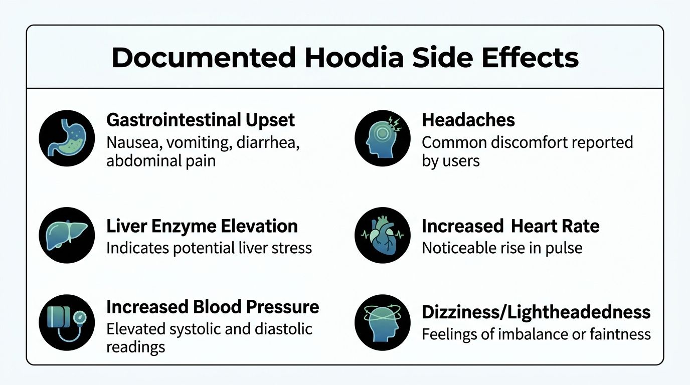 A list of documented side effects of Hoodia including gastrointestinal issues, headaches, and increased cardiovascular stress.