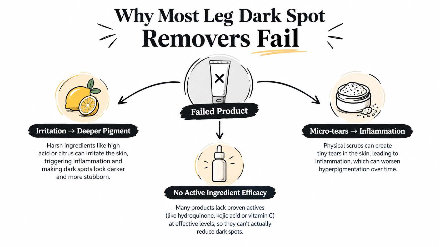 An infographic explaining why most leg dark spot remover products fail due to irritation and ingredients.