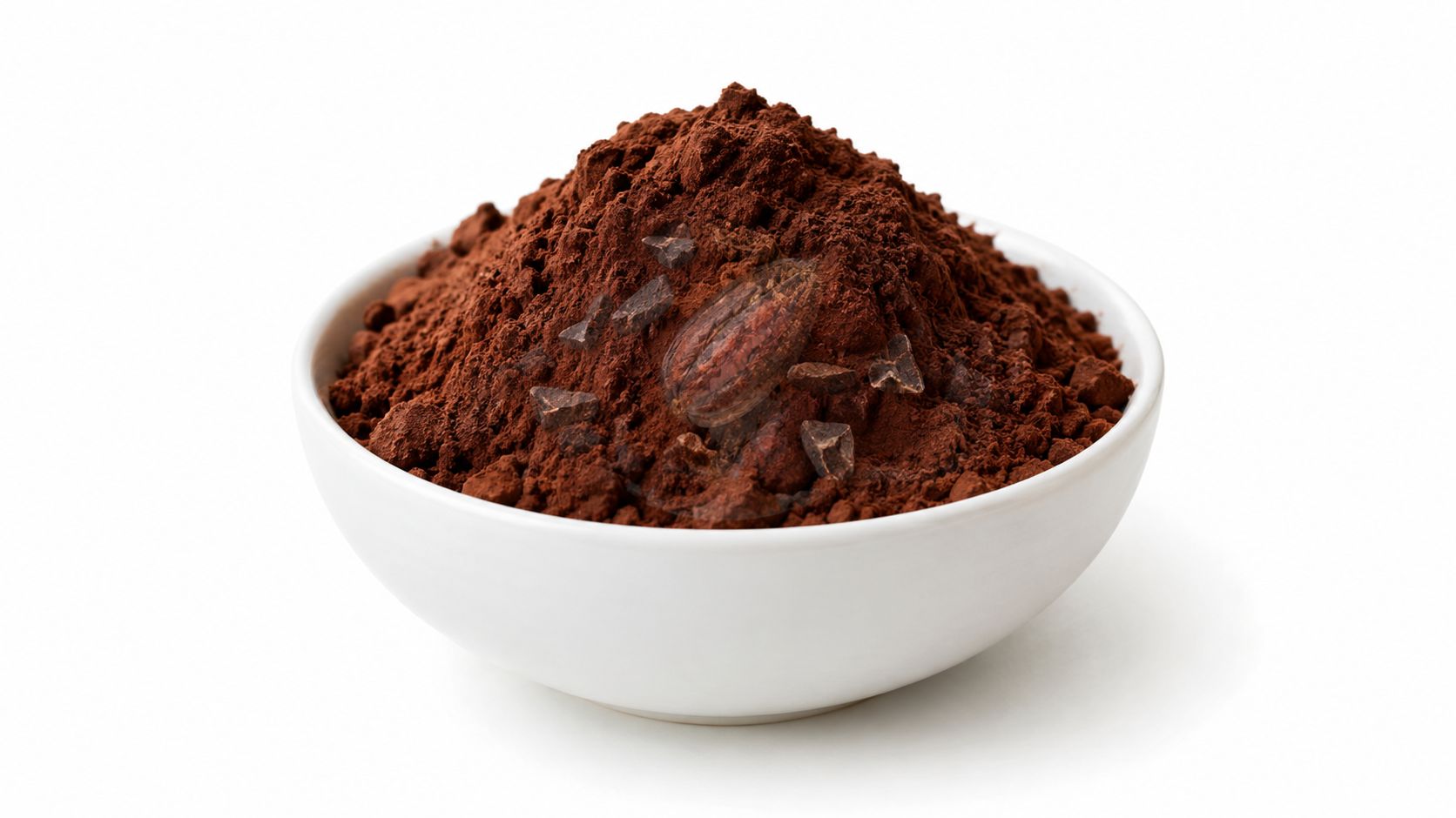 A mound of dark organic cocoa powder served in a clean white bowl on a white background.