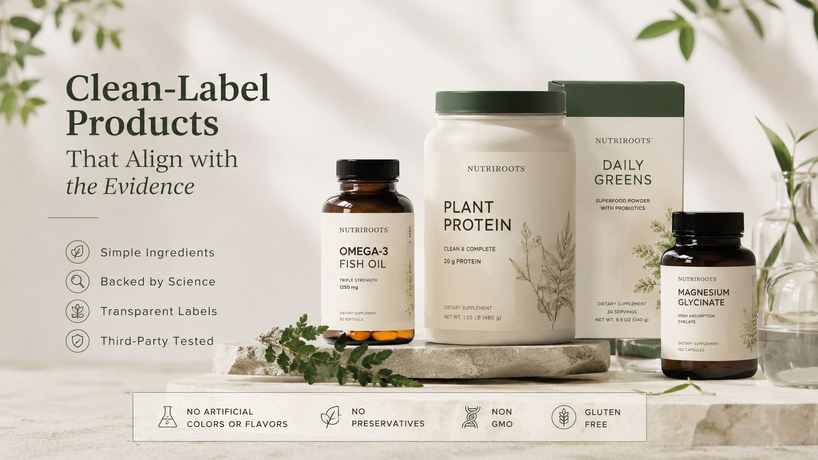 A group of NutriRoots supplement bottles and jars on a stone surface with clean label marketing text.