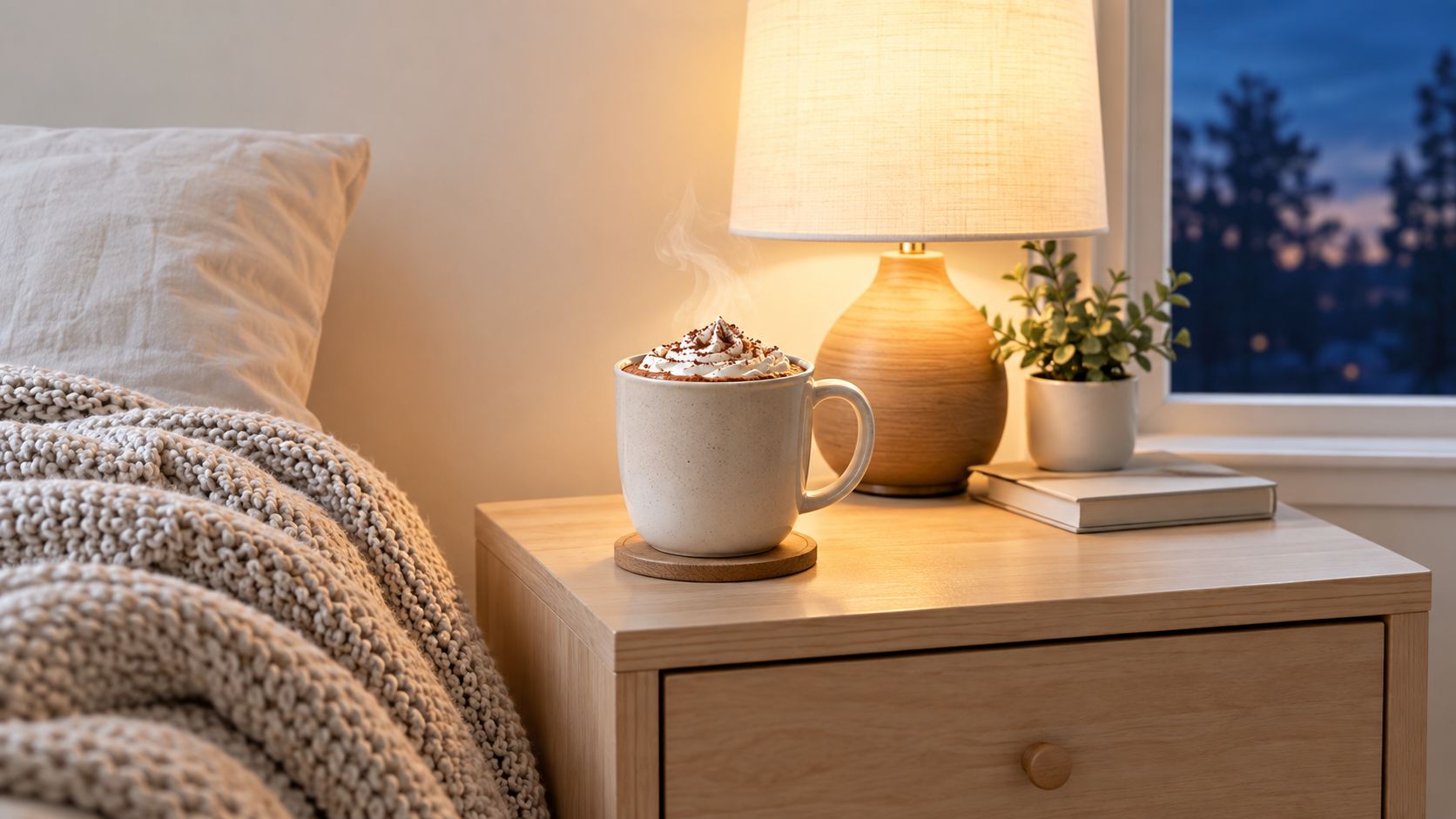 A cozy mug of hot cocoa with whipped cream sits on a nightstand beside a lamp.