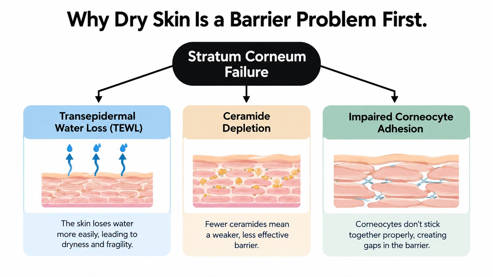 A diagram explaining that dry skin is primarily a barrier failure involving water loss, ceramide depletion, and adhesion.