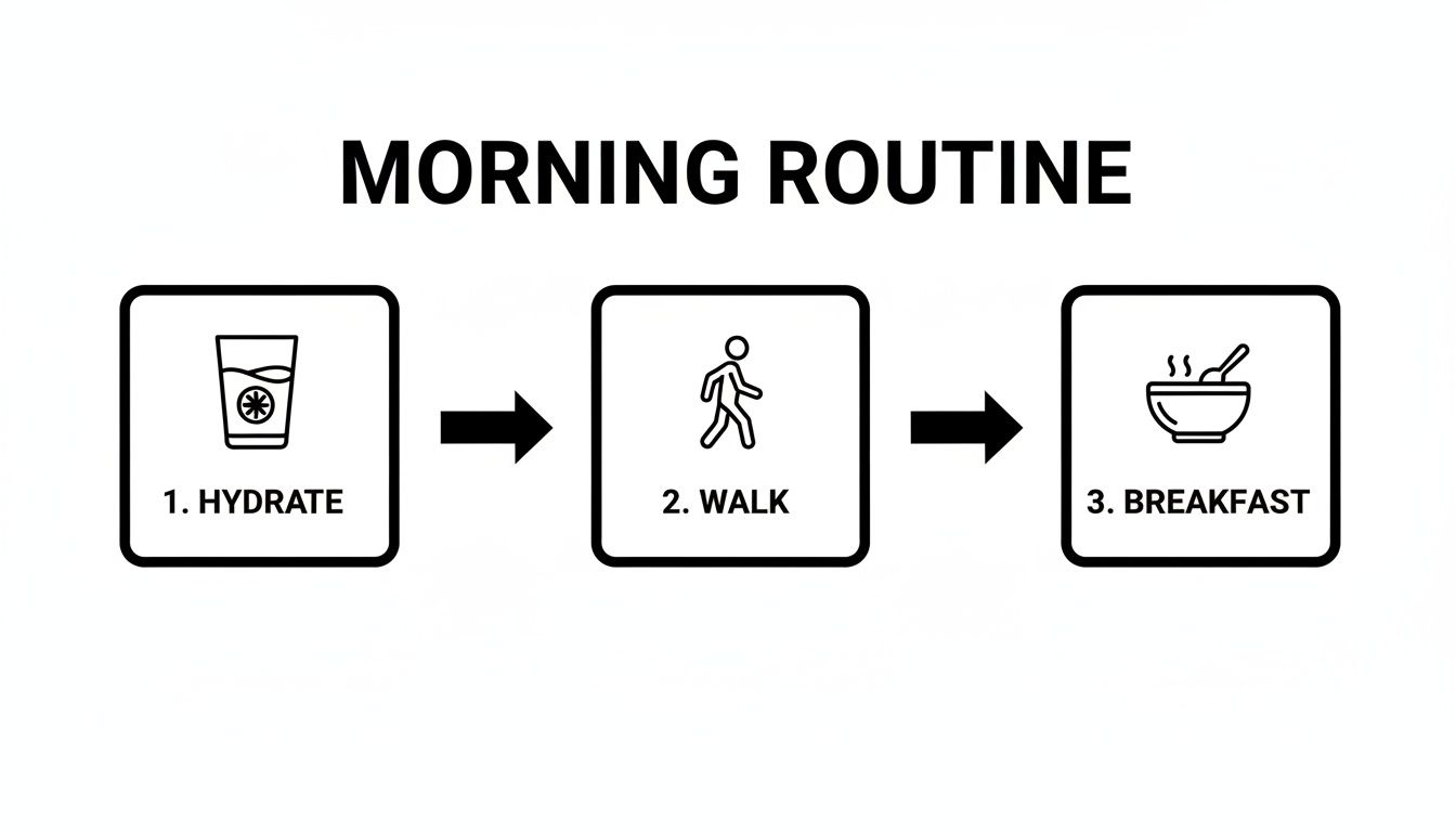 A simple morning routine infographic showing hydration, a walk, and breakfast in sequence.