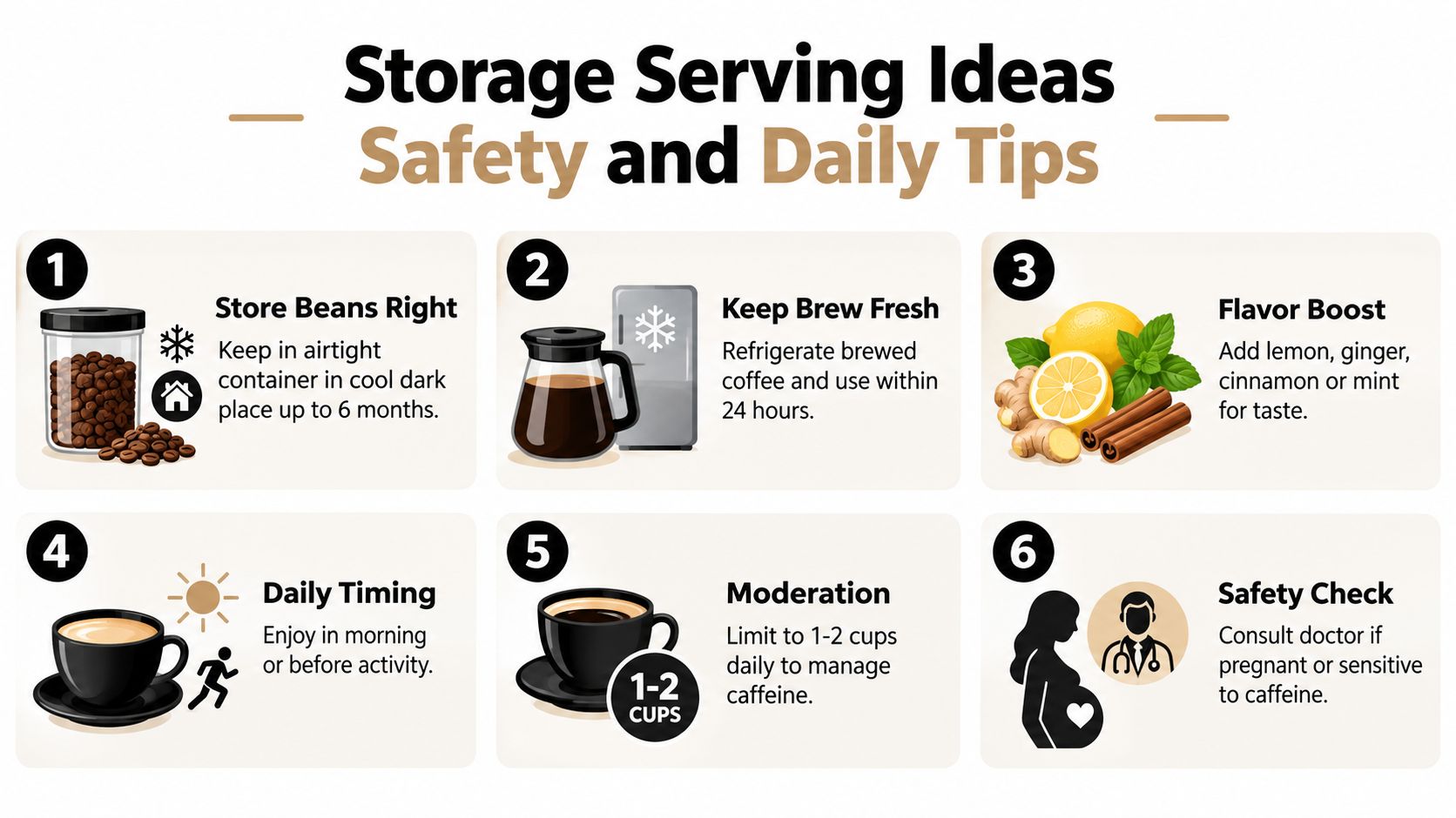 A six-point infographic illustrating safety and daily storage tips for coffee consumption and bean preservation.