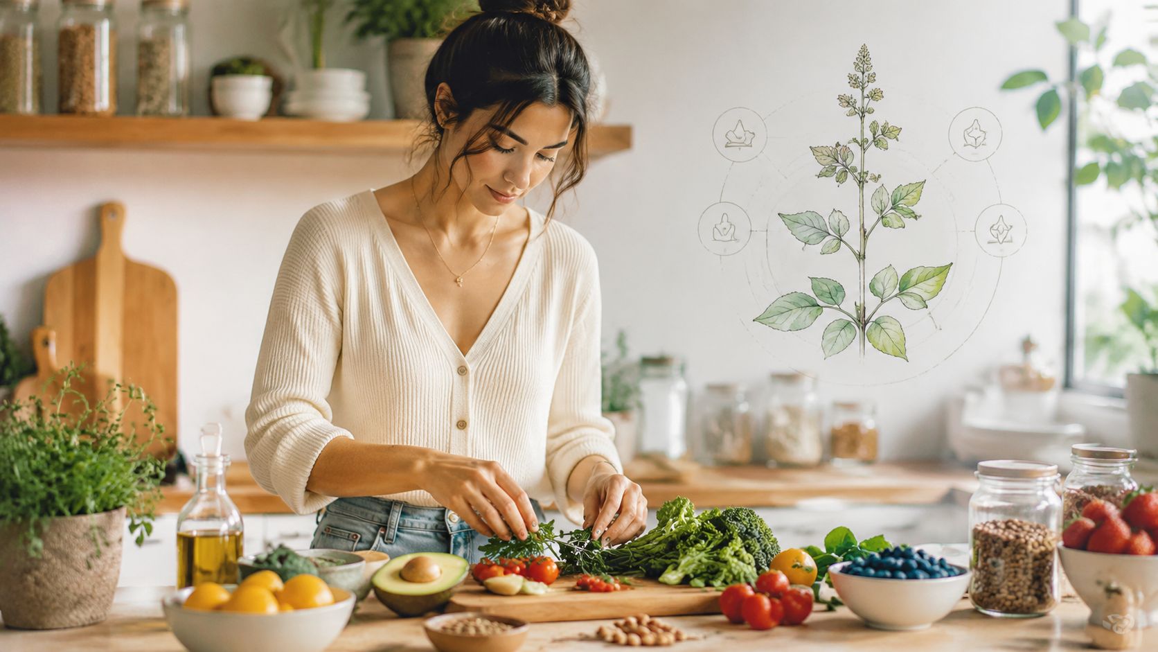 A woman preparing healthy fresh vegetables and fruit in a kitchen with a botanical plant illustration.