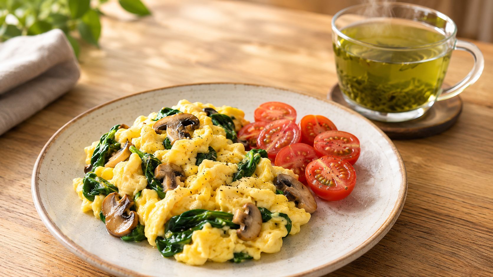 A healthy plate of scrambled eggs with spinach and mushrooms, served with cherry tomatoes and green tea.