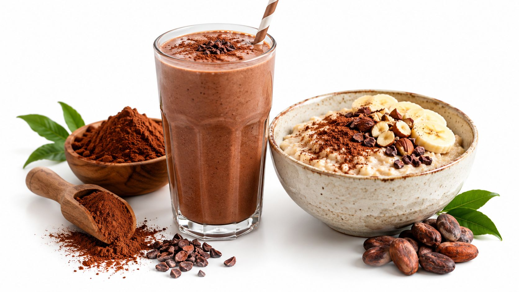 A glass of chocolate smoothie next to a bowl of oatmeal topped with cocoa, hazelnuts, and bananas.