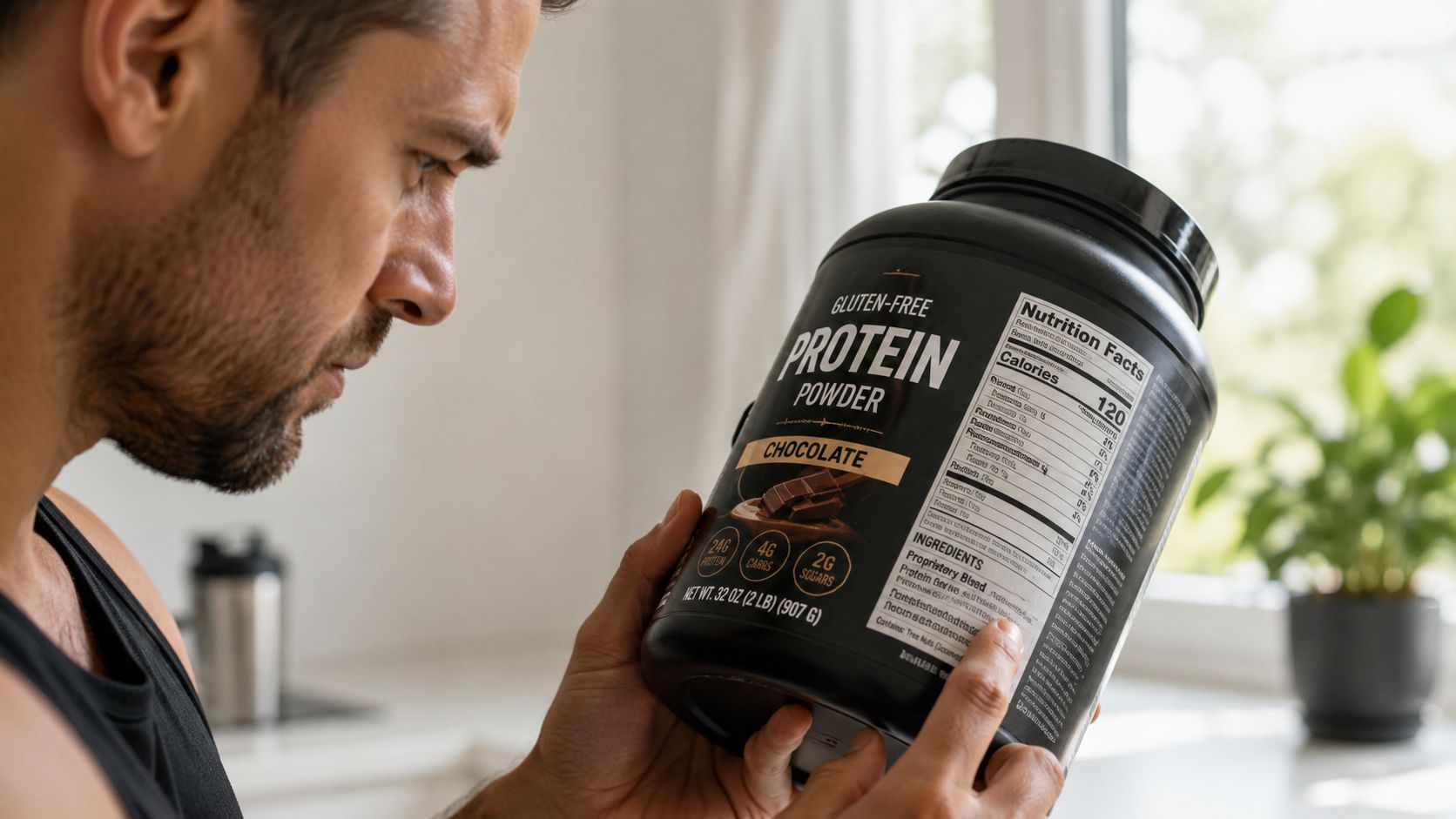 A man intensely reads the nutritional label on a container of gluten-free chocolate protein powder at home.