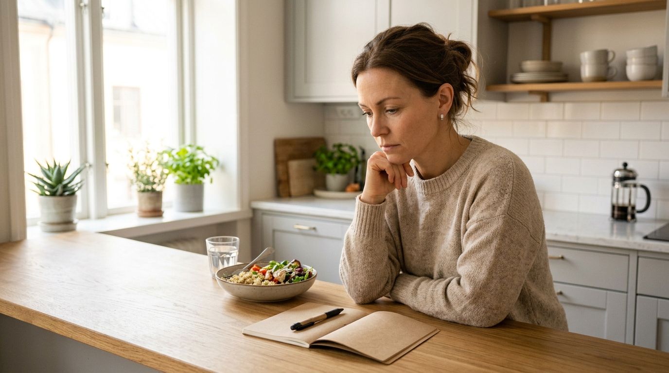 A pensive woman sits at a wooden counter in a kitchen with a healthy bowl of salad and a notebook.