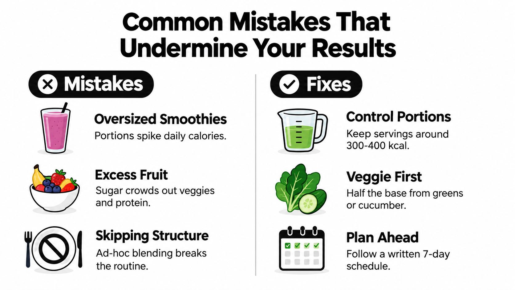A comparison chart showing common smoothie mistakes and their corresponding healthy fixes for better nutrition results.