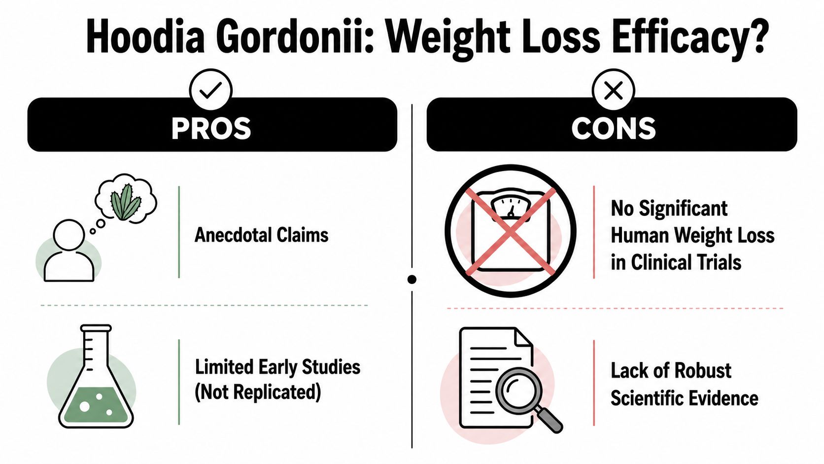 A comparison chart outlining the pros and cons regarding the weight loss efficacy of Hoodia Gordonii.