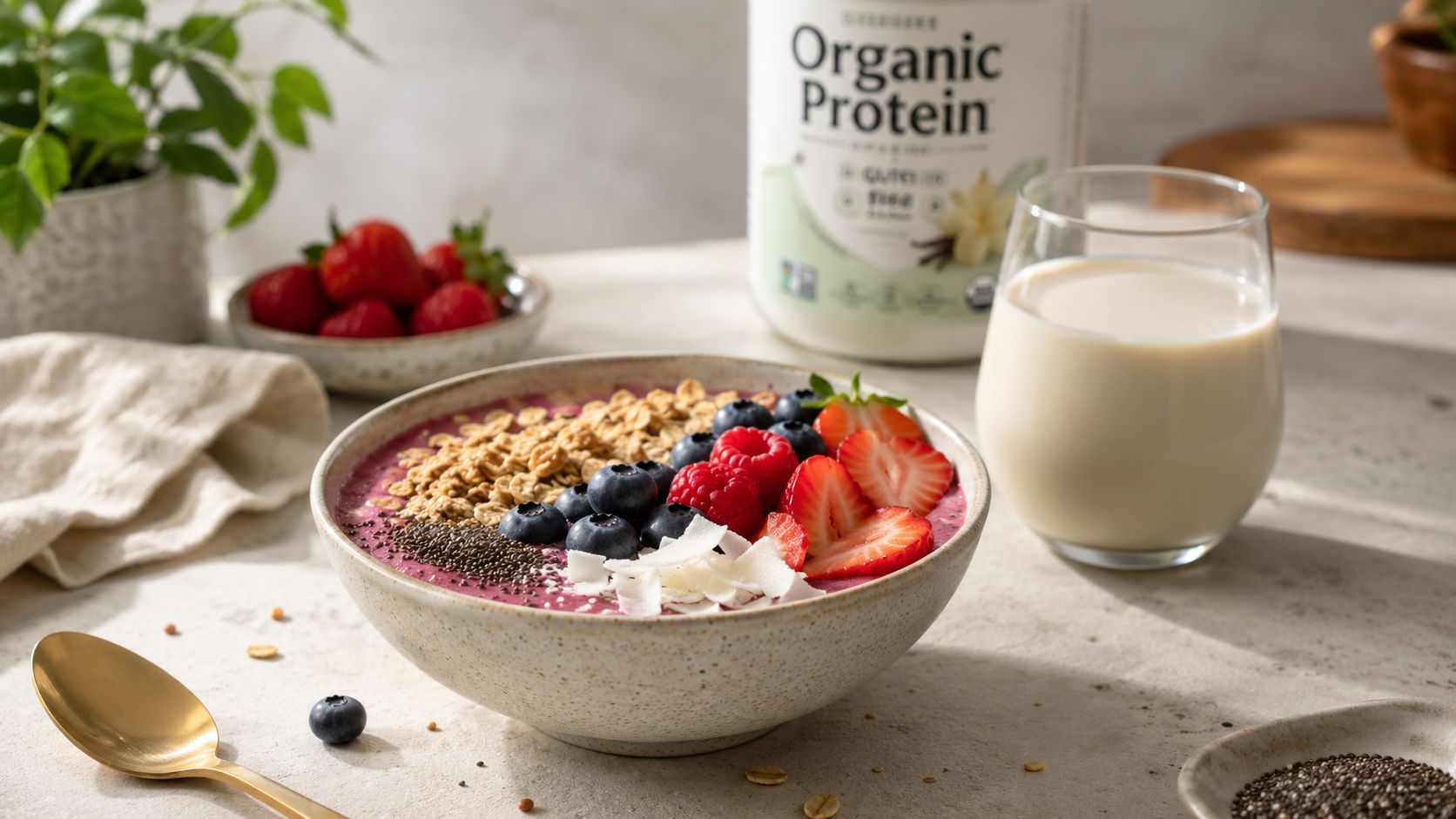 A healthy smoothie bowl topped with granola, fresh berries, chia seeds, and coconut flakes on a table.