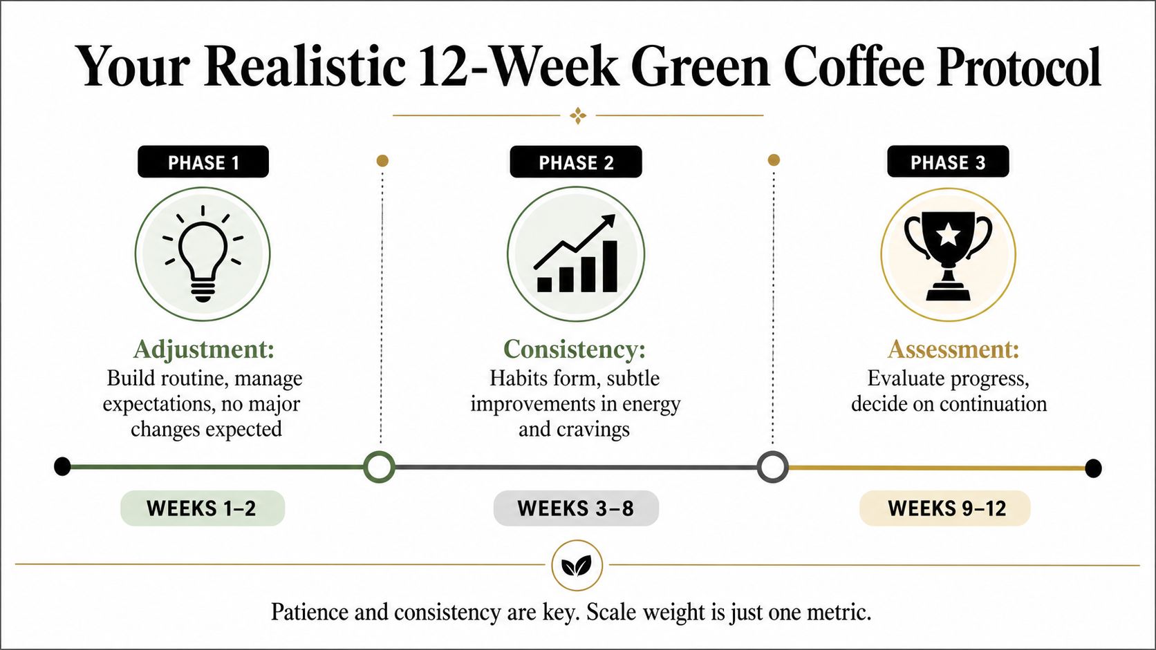 A 12-week roadmap for using green coffee, divided into three phases of adjustment, consistency, and assessment.
