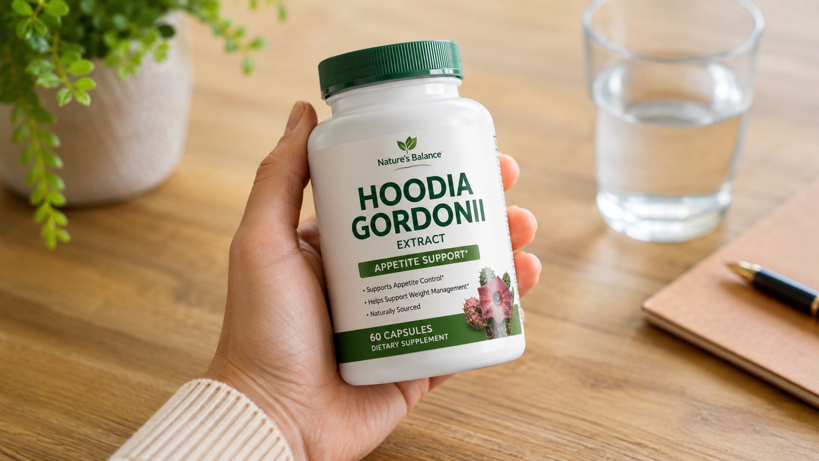 A hand holds a bottle of Nature's Balance Hoodia Gordonii extract capsules on a wooden desk.