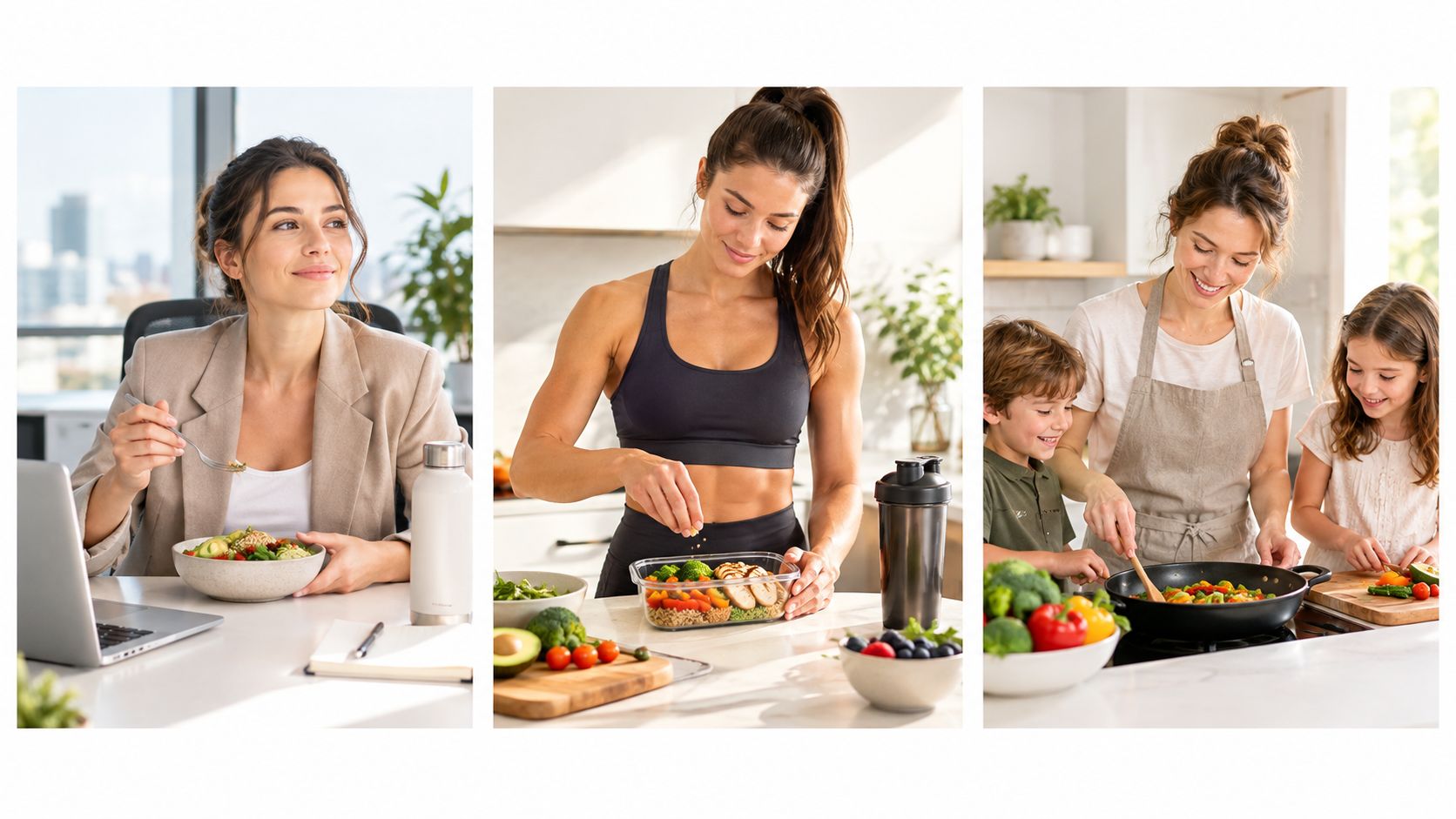 A woman balancing career, fitness, and family life while preparing healthy meals in three different settings.