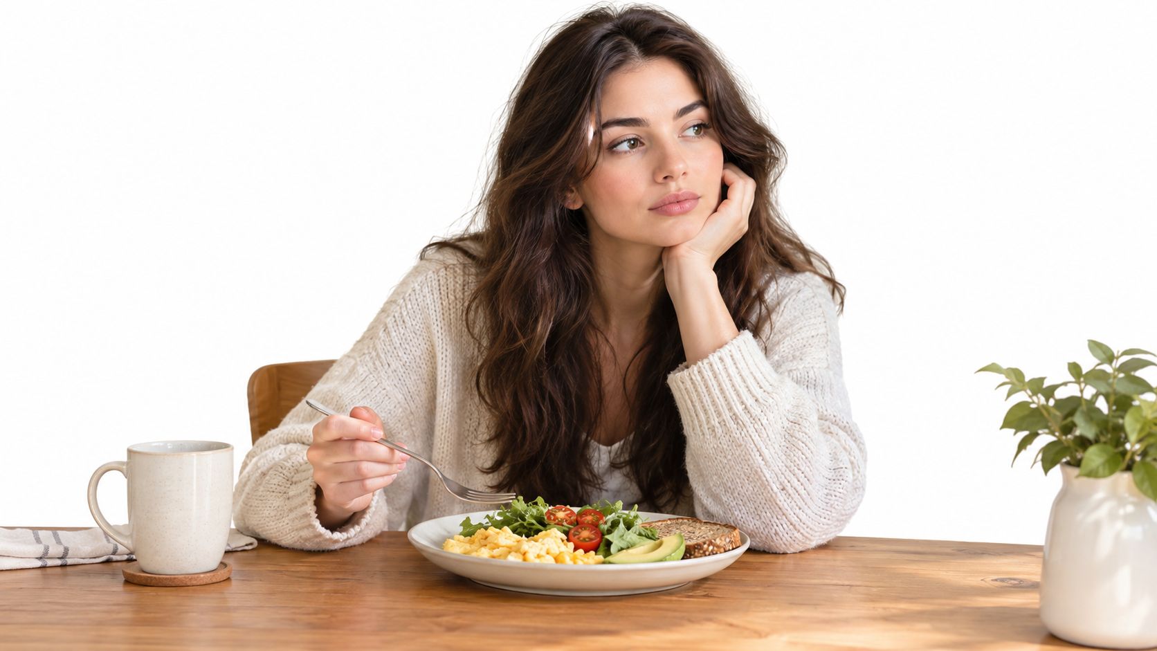 A pensive young woman sitting at a wooden table looking away while eating a healthy breakfast meal.