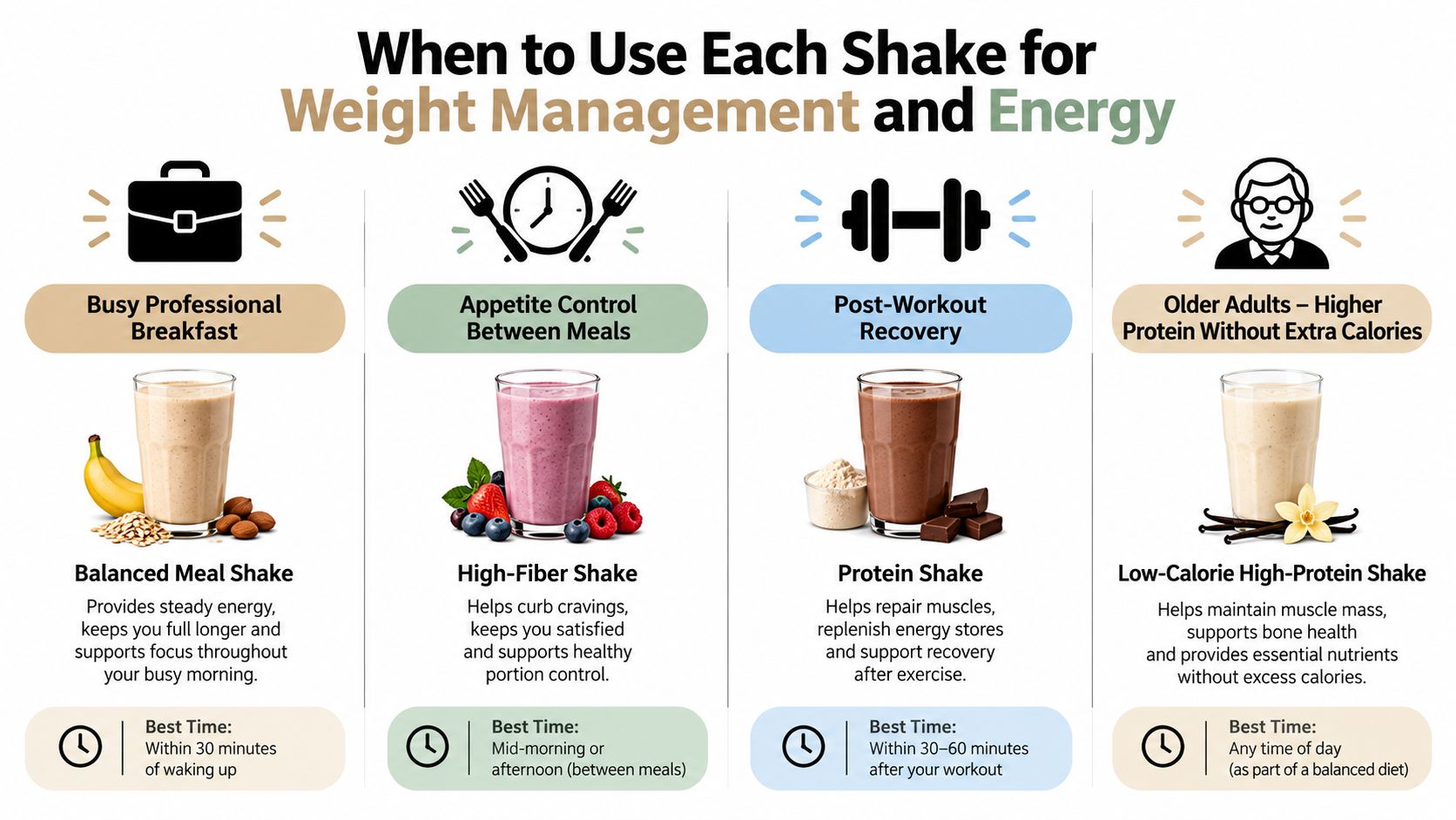 An infographic showing four types of protein shakes and their optimal times for daily consumption.
