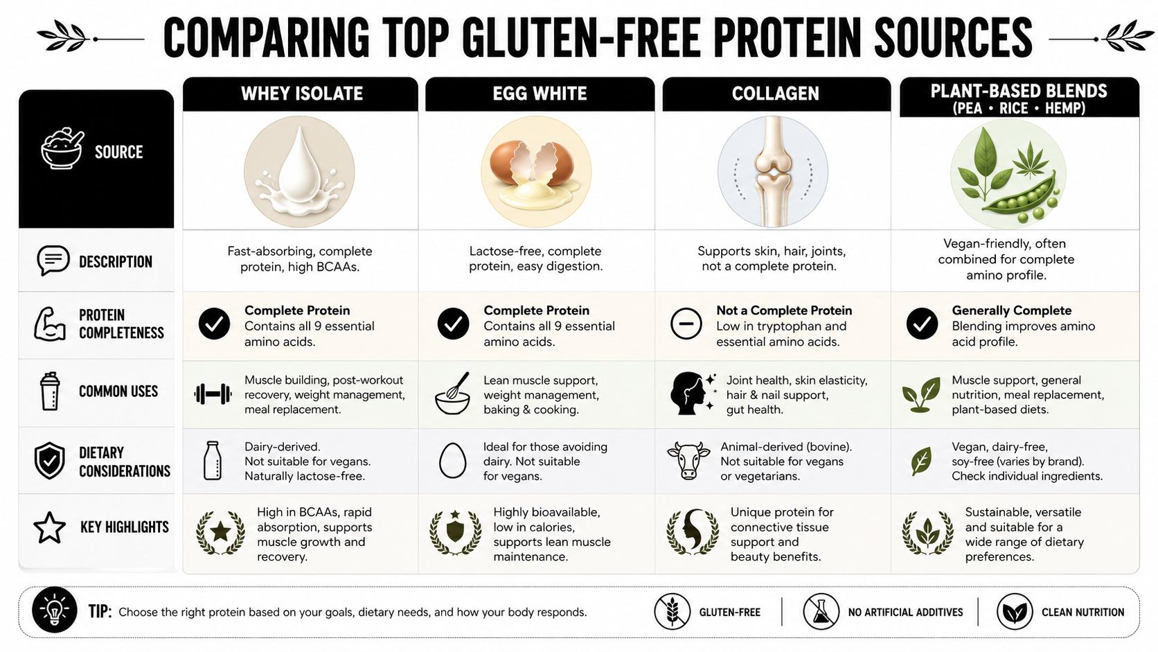 A comparison chart outlining the benefits, uses, and dietary considerations of four common gluten-free protein sources.