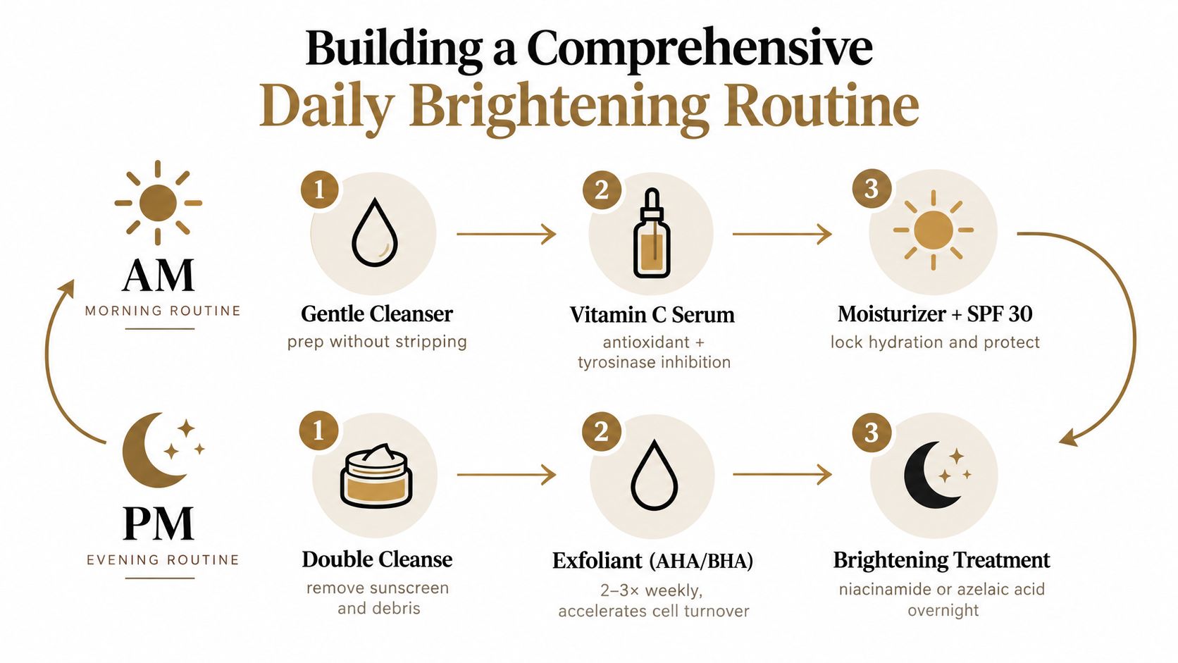 A comprehensive daily skincare routine chart for morning and evening with steps for brightening dark skin.