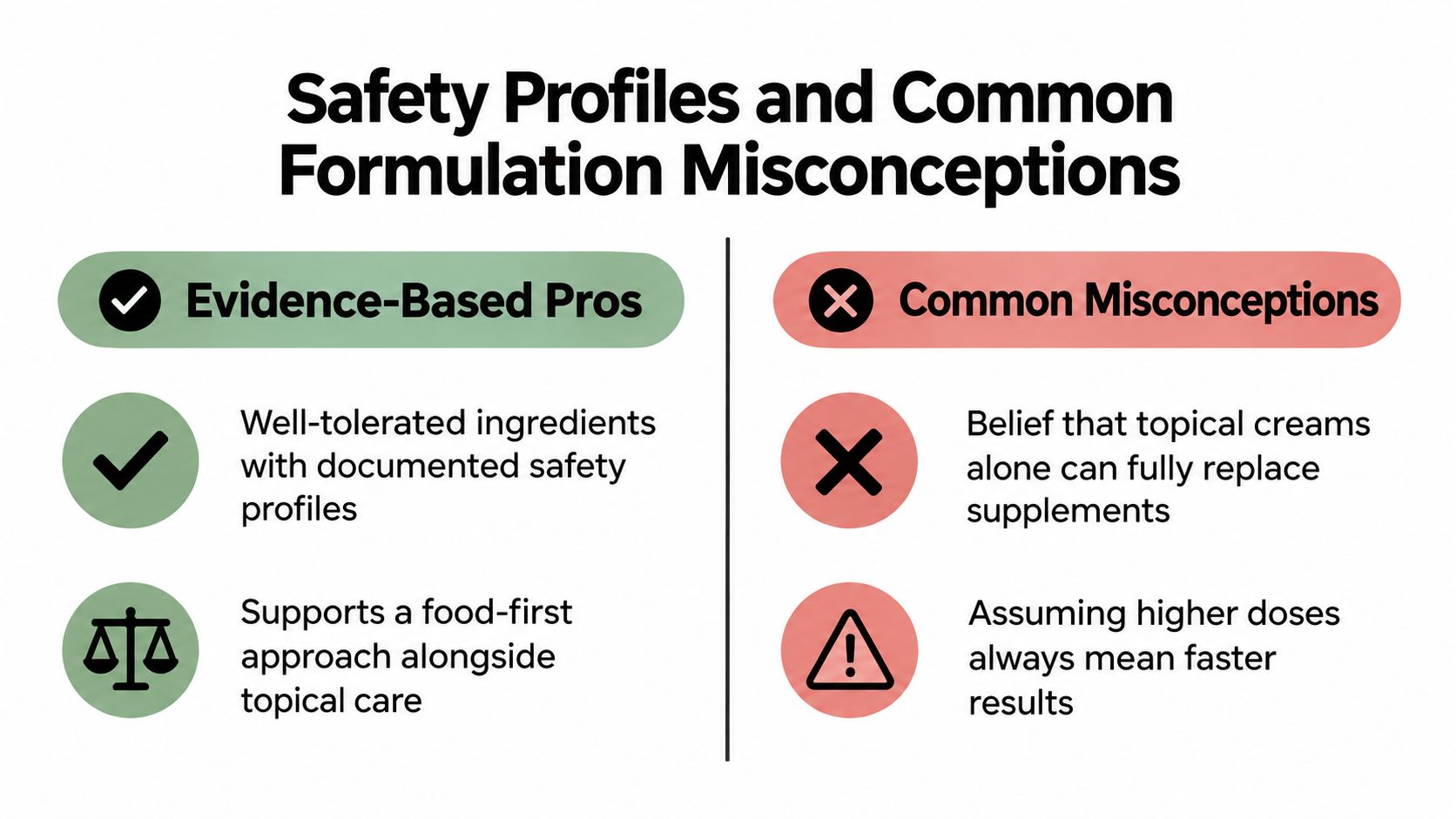A comparison chart showing evidence-based pros of supplements versus common misconceptions about topical skincare treatments.