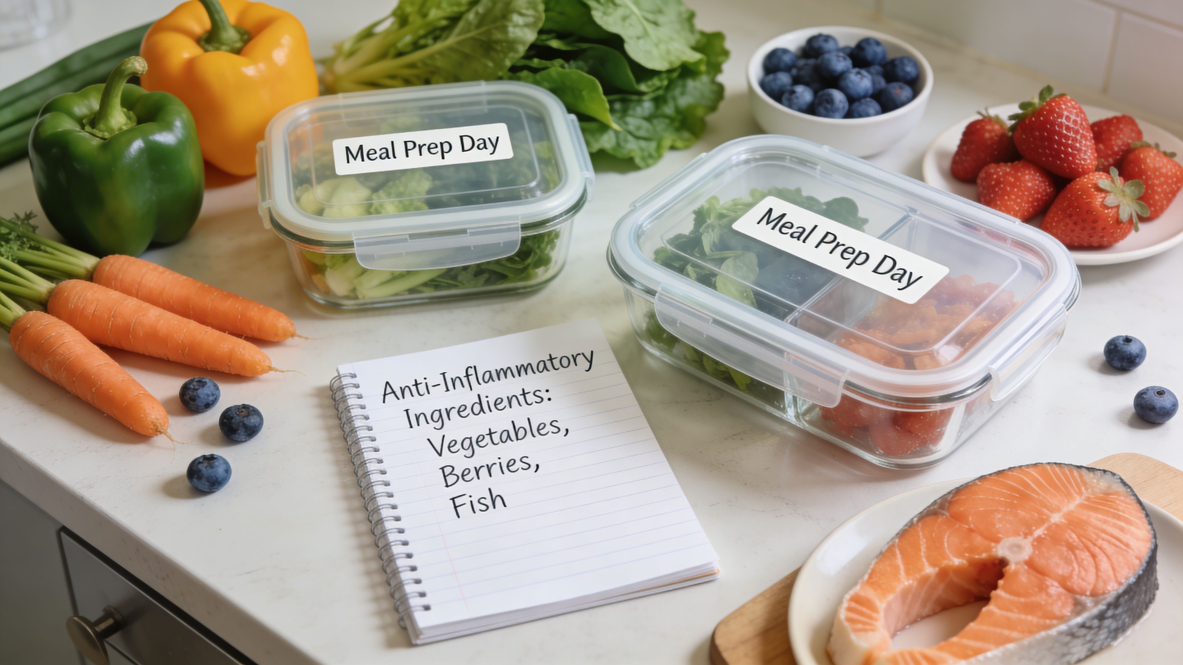 A flat lay of fresh vegetables, fish, and berries with a notebook labeled Anti-Inflammatory Ingredients.
