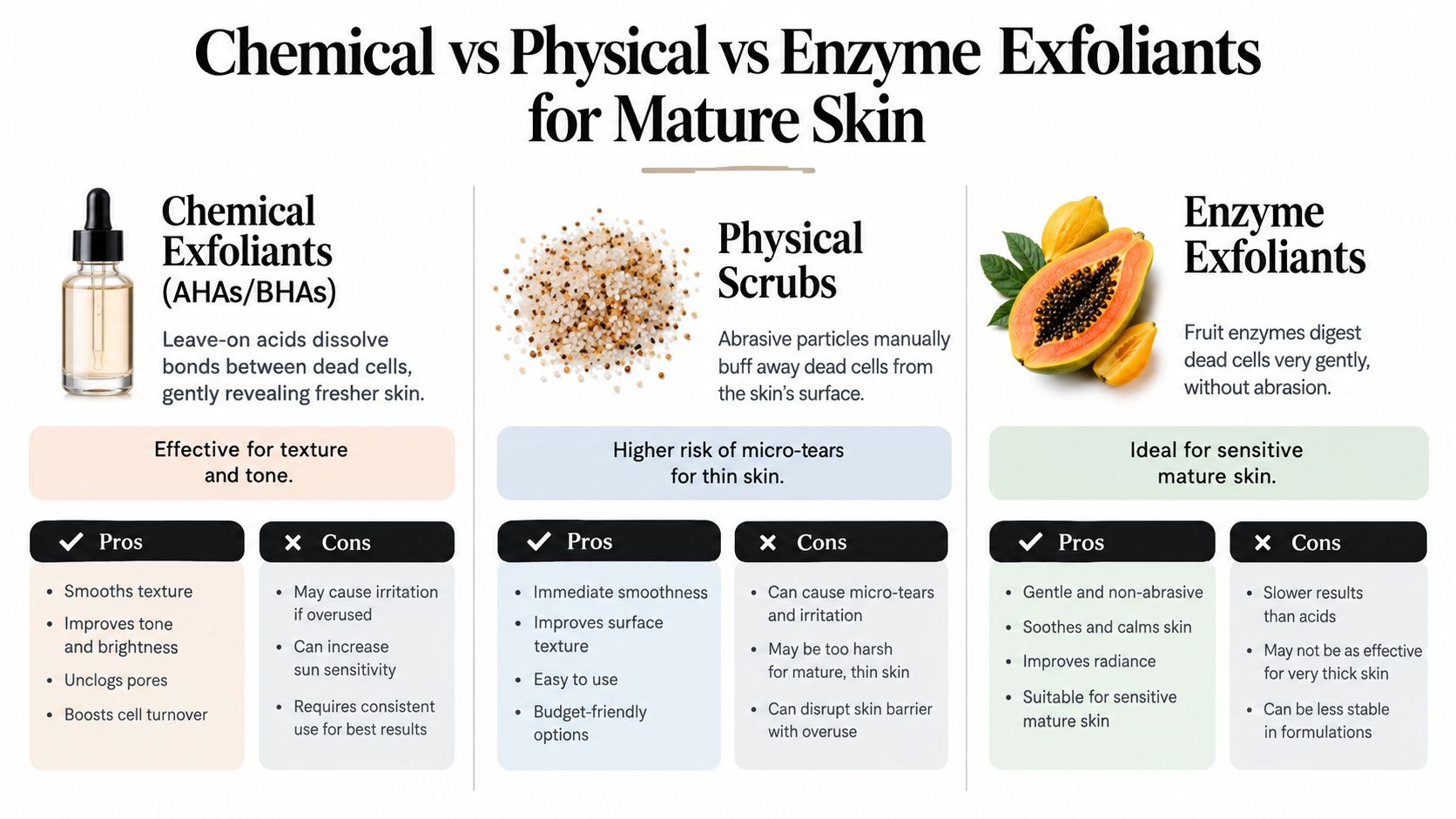 A comparison chart explaining the differences between chemical, physical, and enzyme exfoliants for mature skin care.