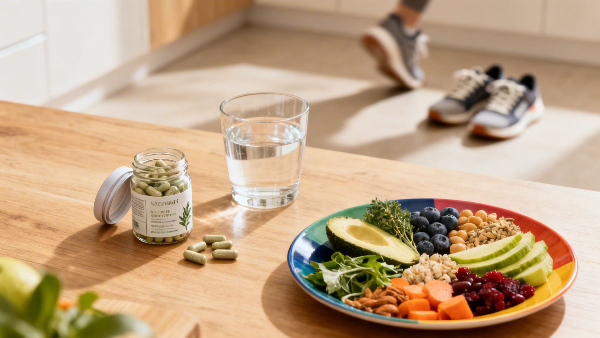 A colorful plate with healthy food, a water glass, and a jar of green supplements on a table.