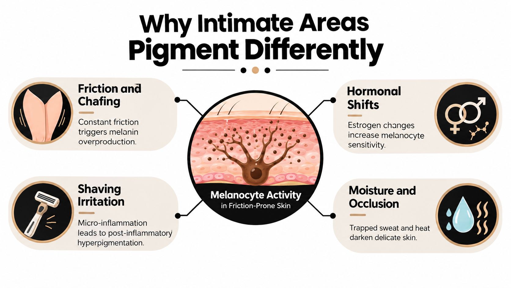 A diagram explaining factors like friction, hormones, shaving, and moisture that cause skin pigmentation in intimate areas.