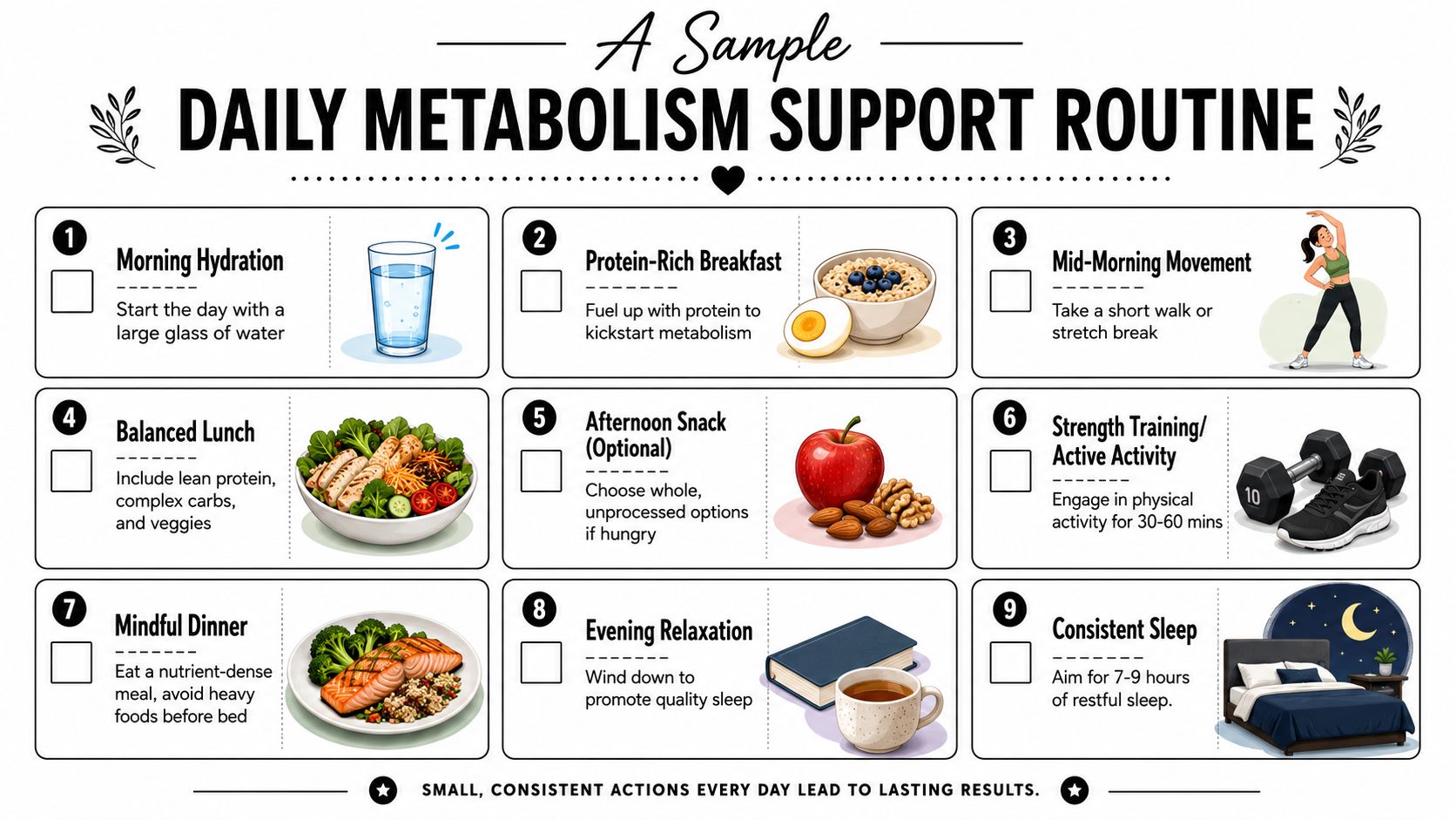 A daily routine infographic suggesting healthy habits like hydration, protein-rich meals, movement, and quality sleep.