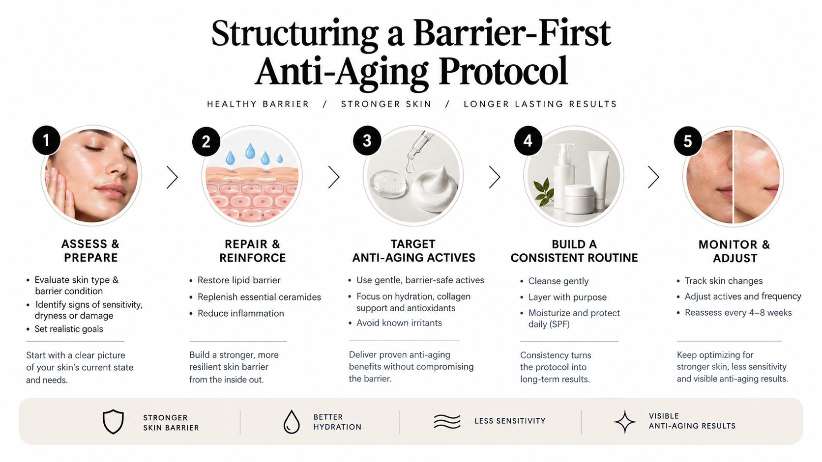 A five-step barrier-first anti-aging skincare protocol infographic promoting healthy skin barrier, better hydration, and anti-aging results.