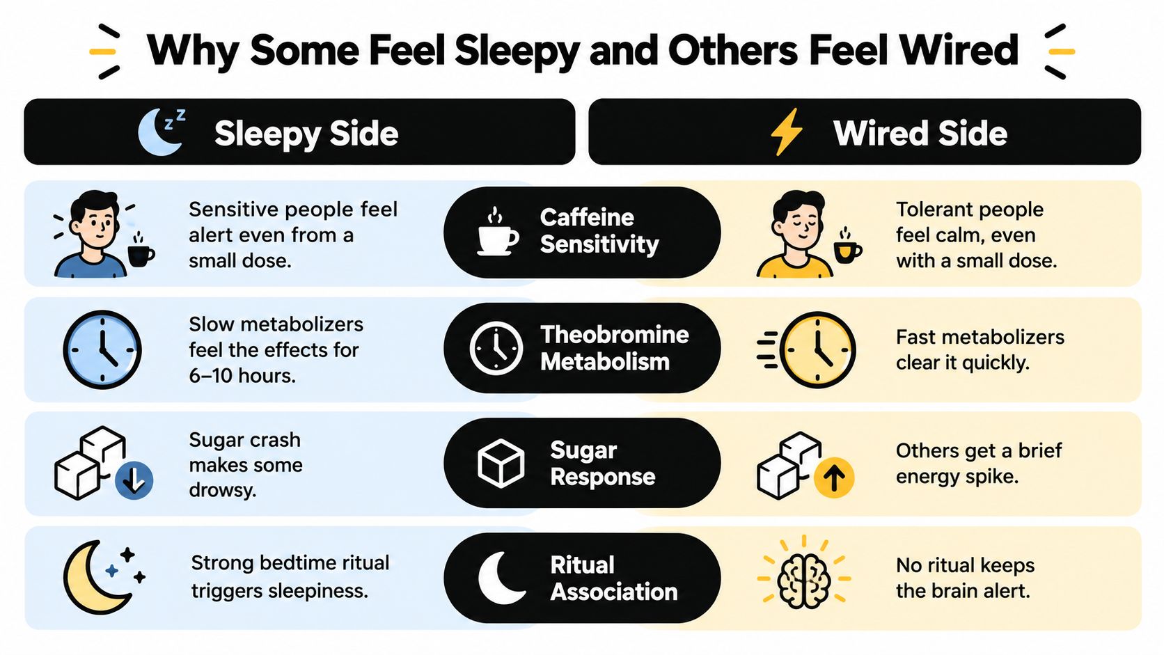 A comparison chart showing factors that make some people feel sleepy versus wired after consuming beverages.