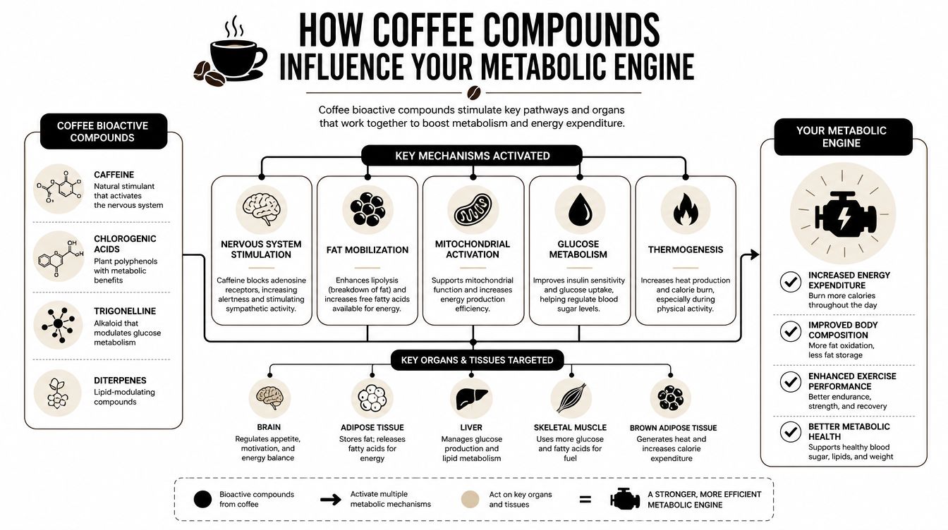 An infographic showing how various coffee compounds influence metabolic engines through key mechanisms and organ systems.
