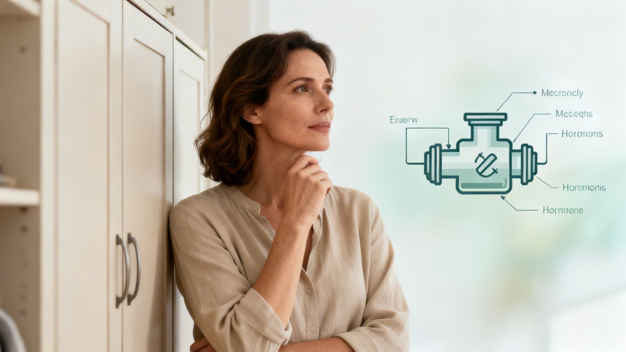 Thoughtful woman looking at an abstract diagram with labels like 'Hormone' and other words.