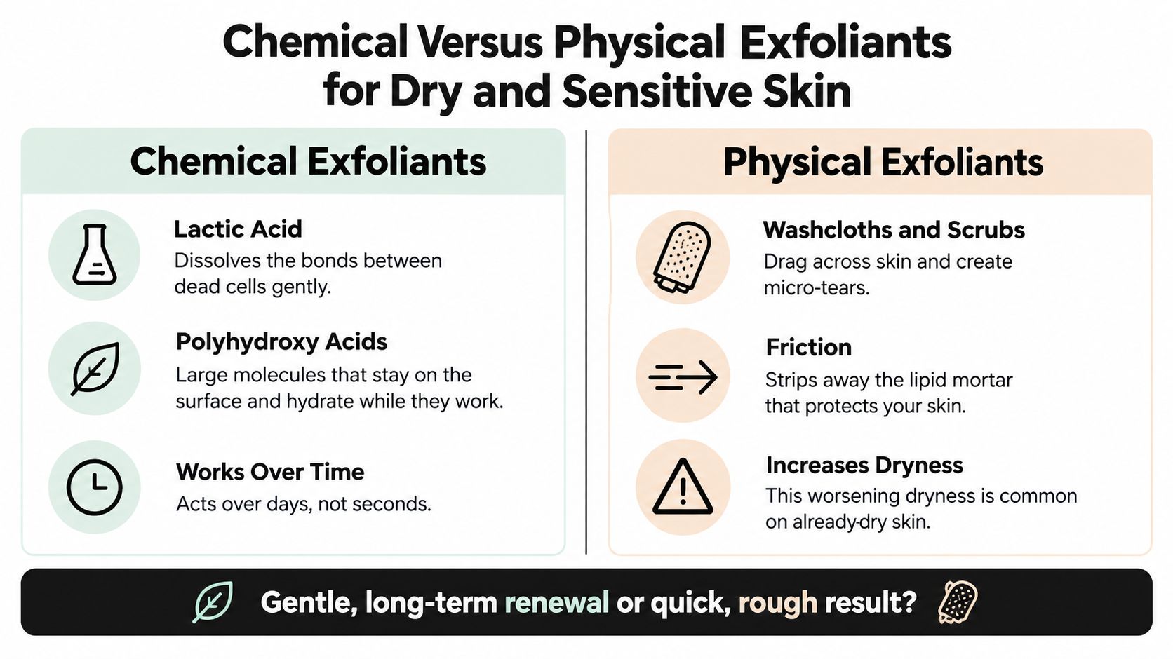 A comparison chart explaining the differences between chemical and physical exfoliants for dry and sensitive skin types.