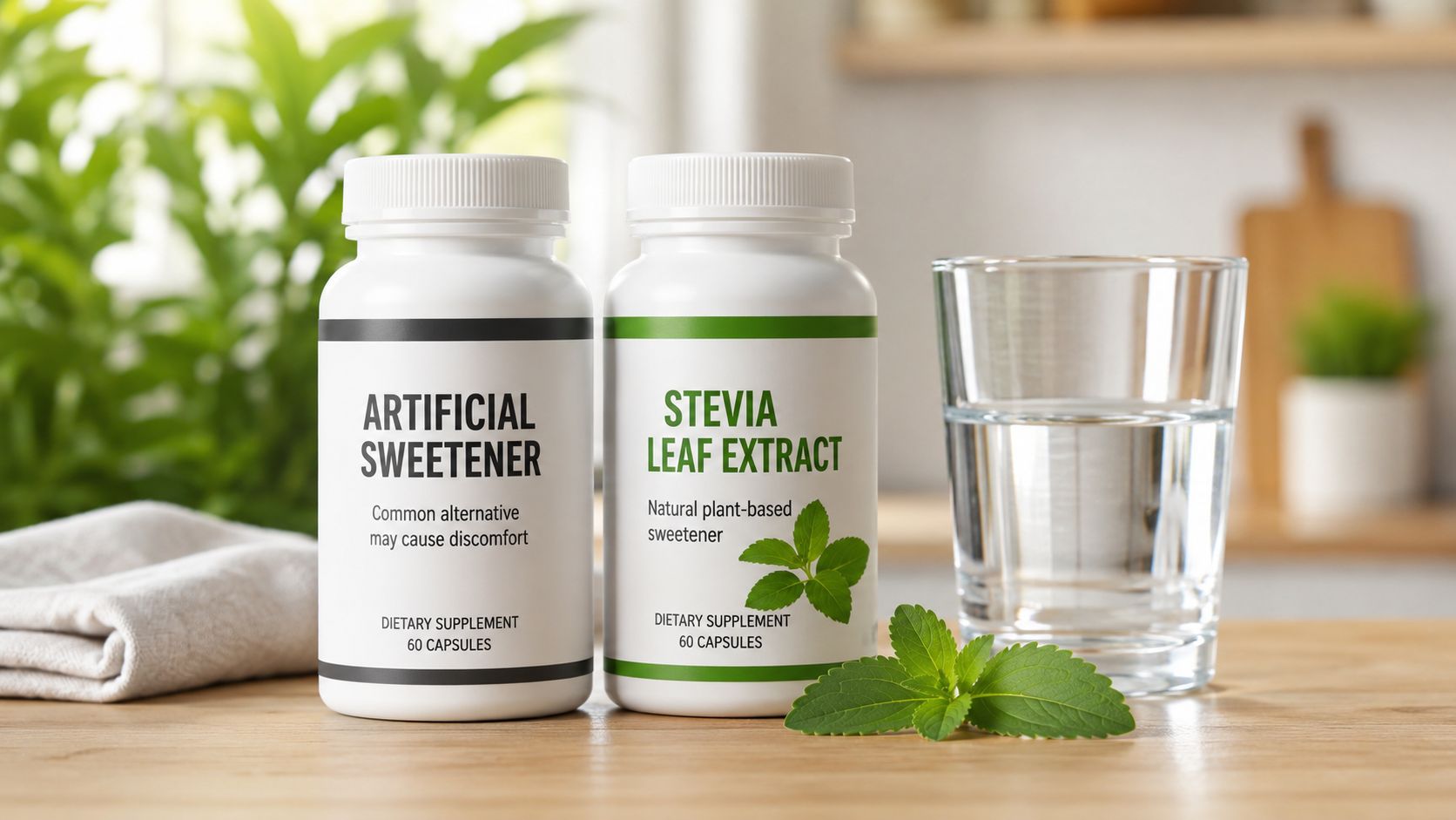 Two supplement bottles on a wooden table, one labeled artificial sweetener and the other stevia leaf extract.
