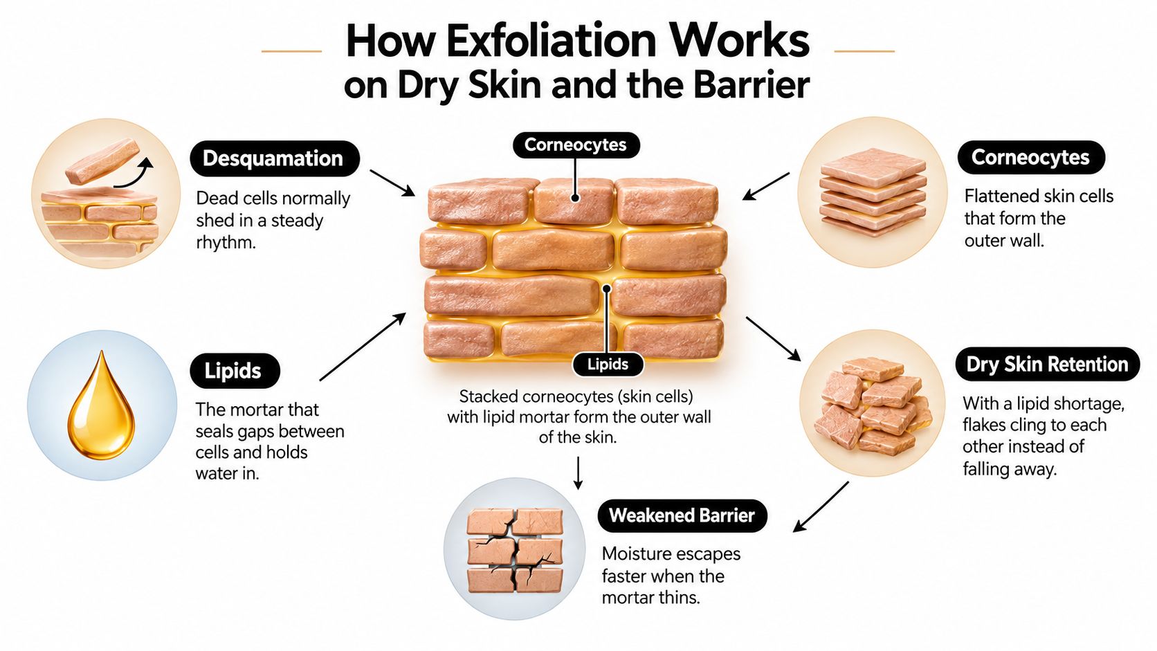 A diagram illustrating how skin cells and lipids form the skin barrier and the process of exfoliation.