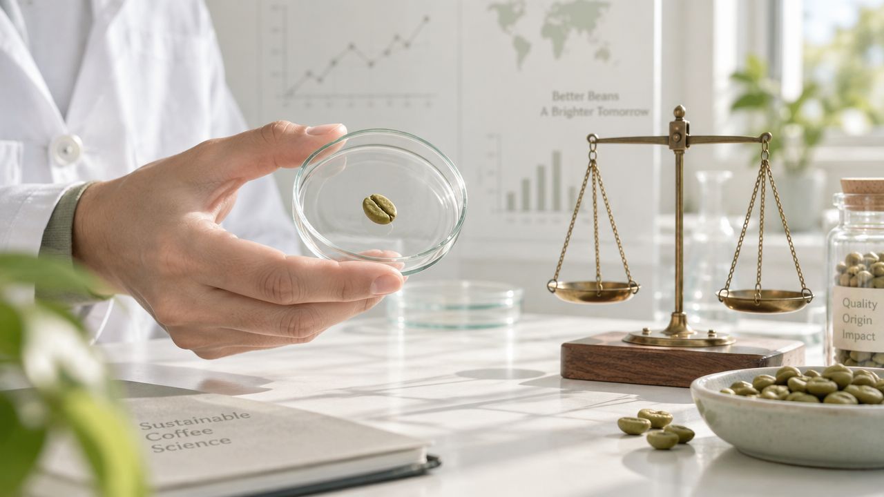 A researcher examines a single green coffee bean inside a laboratory petri dish near a golden balance.