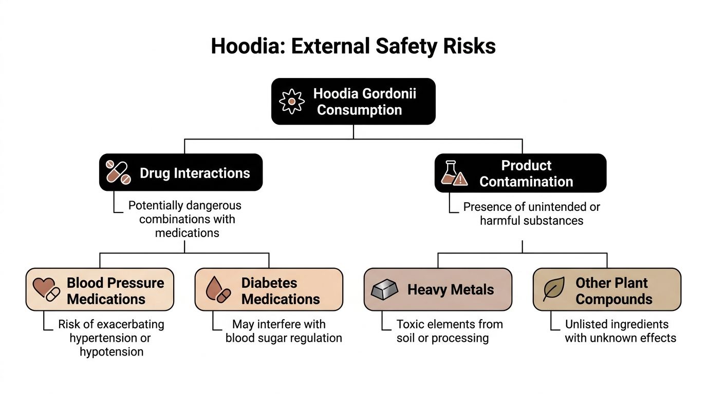 A flowchart detailing potential external safety risks associated with the consumption of the plant Hoodia Gordonii.
