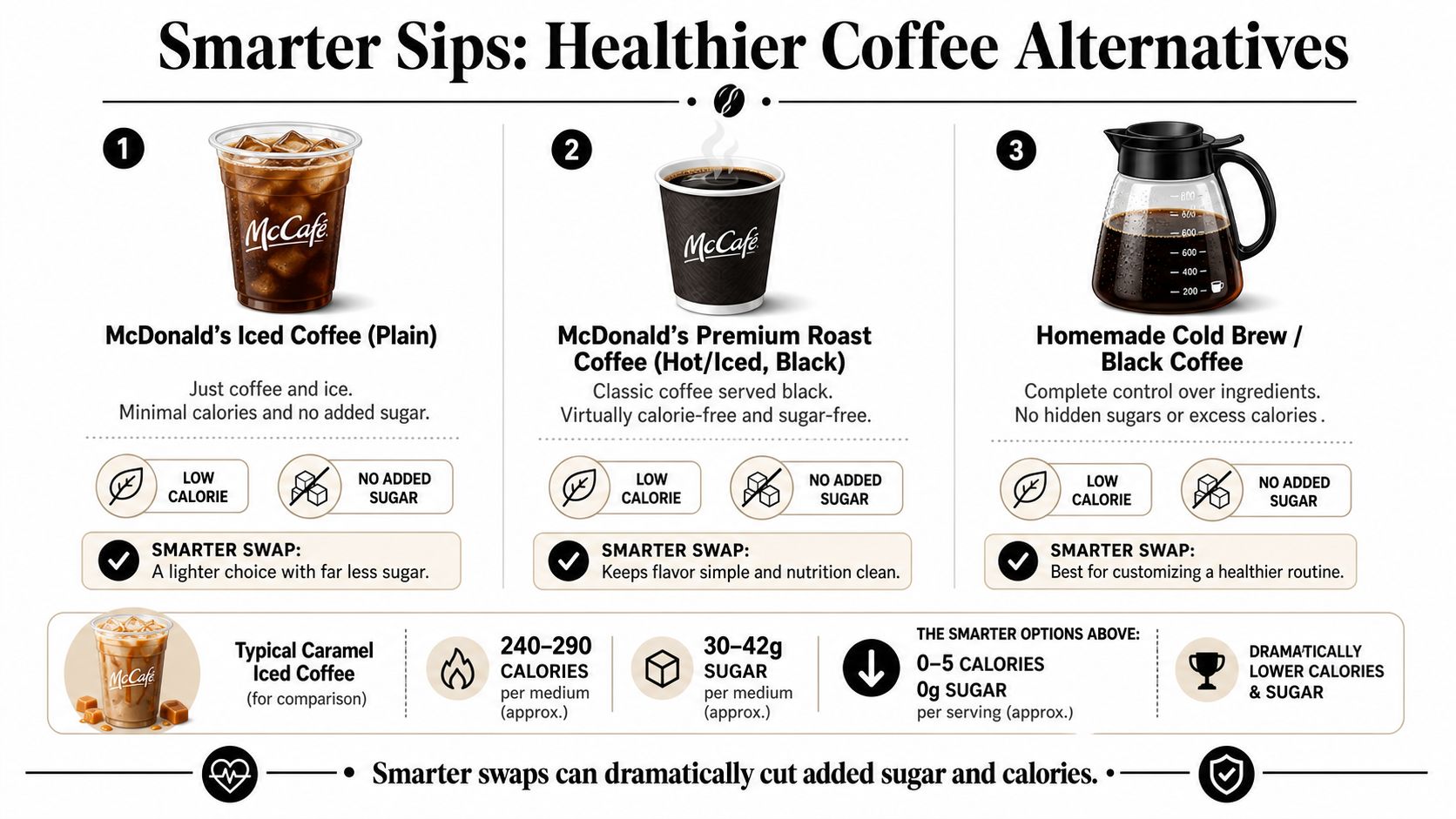 An infographic comparing healthier black coffee options against high-calorie and high-sugar caramel iced coffee.